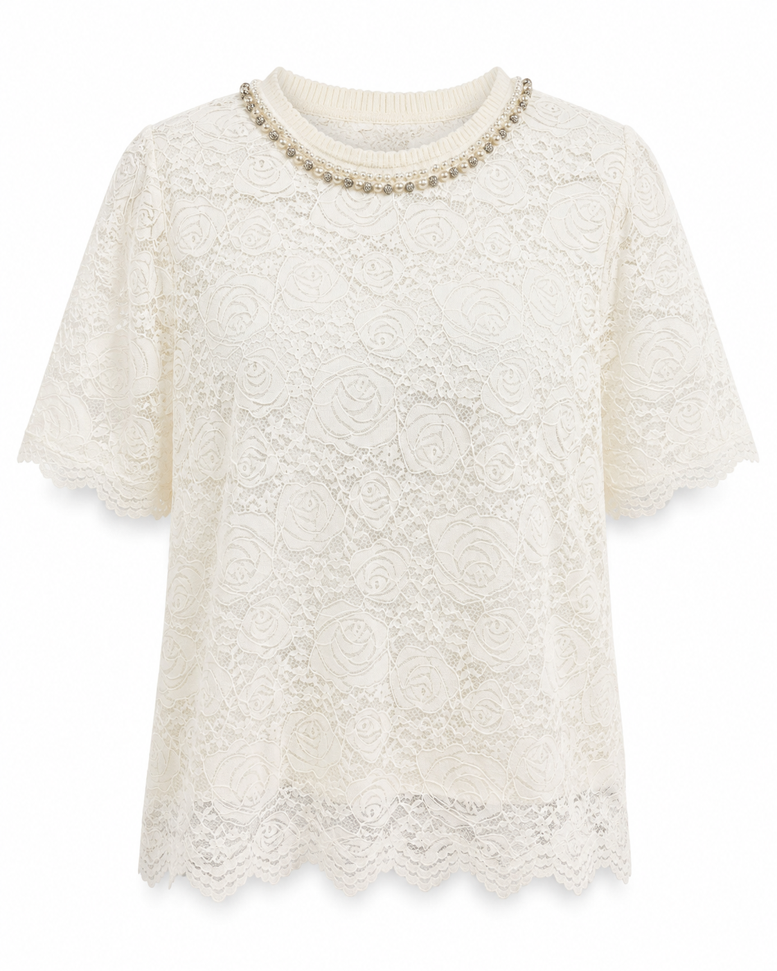Ivory rose lace pearl-neck top