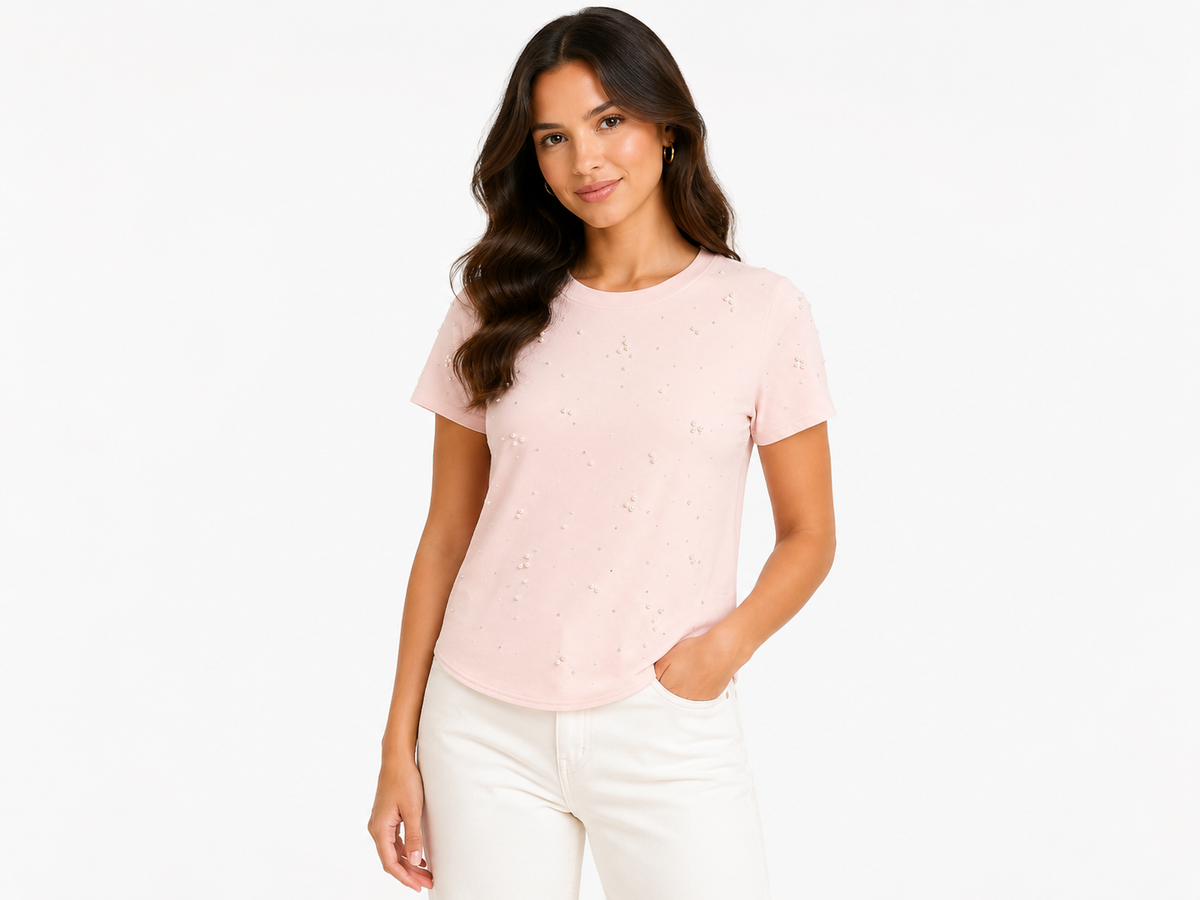 Blush pearl embellished top