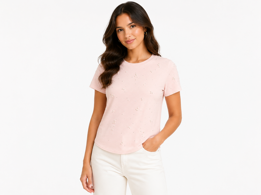Blush pearl embellished top