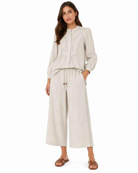 Women’s Beige Embroidered Linen Tunic & Wide-Leg Pants Set