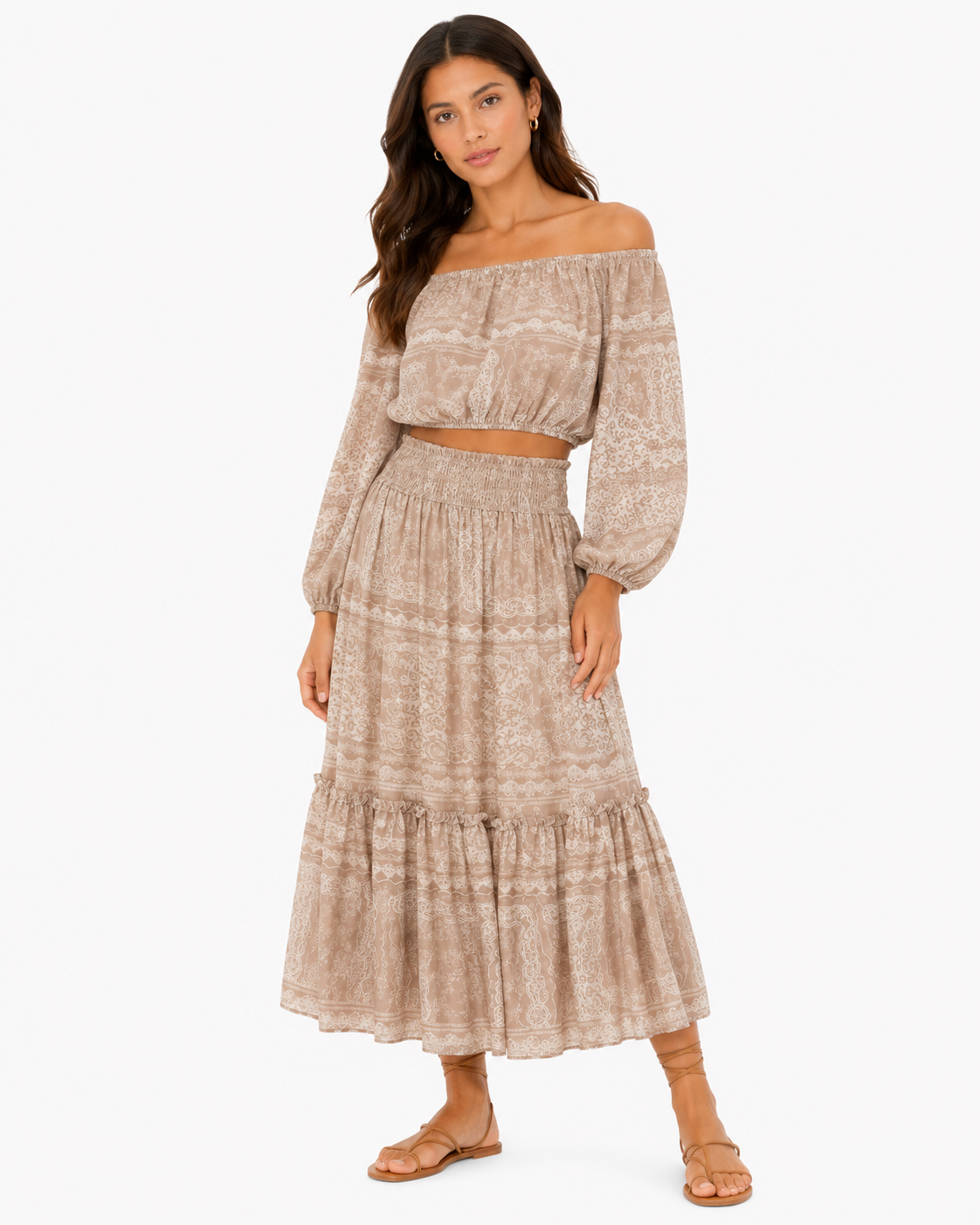 Women’s Beige Paisley Off-Shoulder Crop Top & Maxi Skirt Set