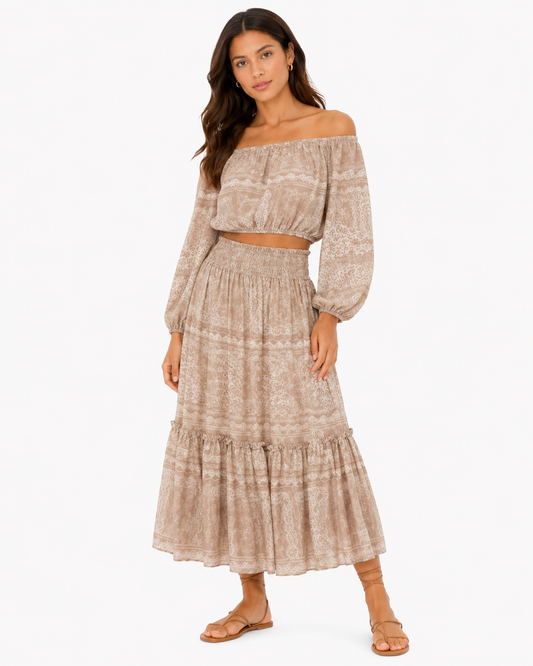 Women’s Beige Paisley Off-Shoulder Crop Top & Maxi Skirt Set
