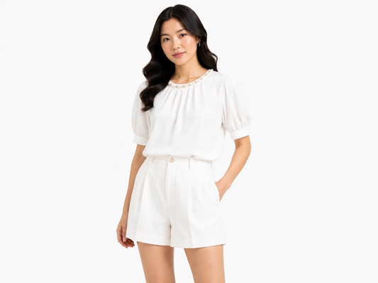 Elegant pearl neck puff sleeve blouse