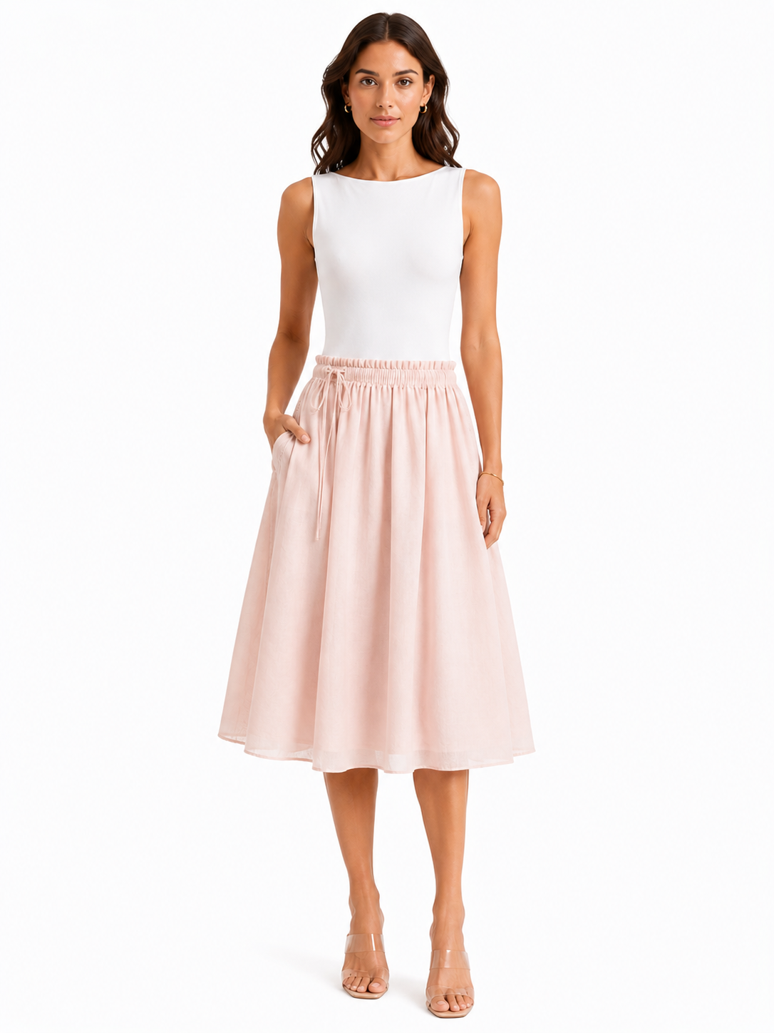 Blush pink drawstring midi skirt