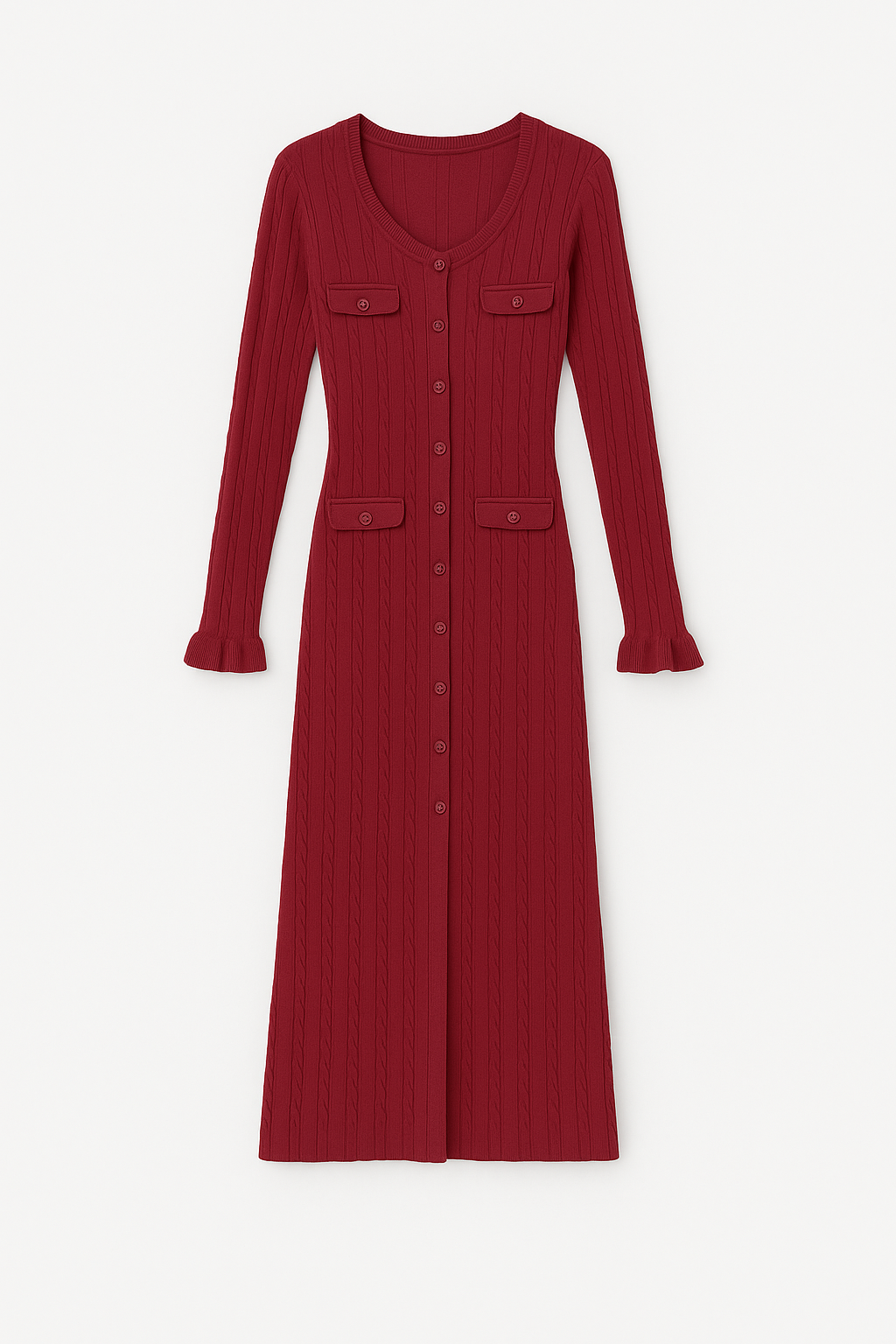 Elegant Ribbed Knit Dress in Deep Red