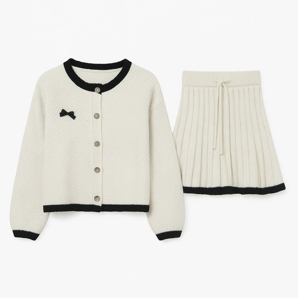 Cream Knit Cardigan and Skirt Set with Black Trim