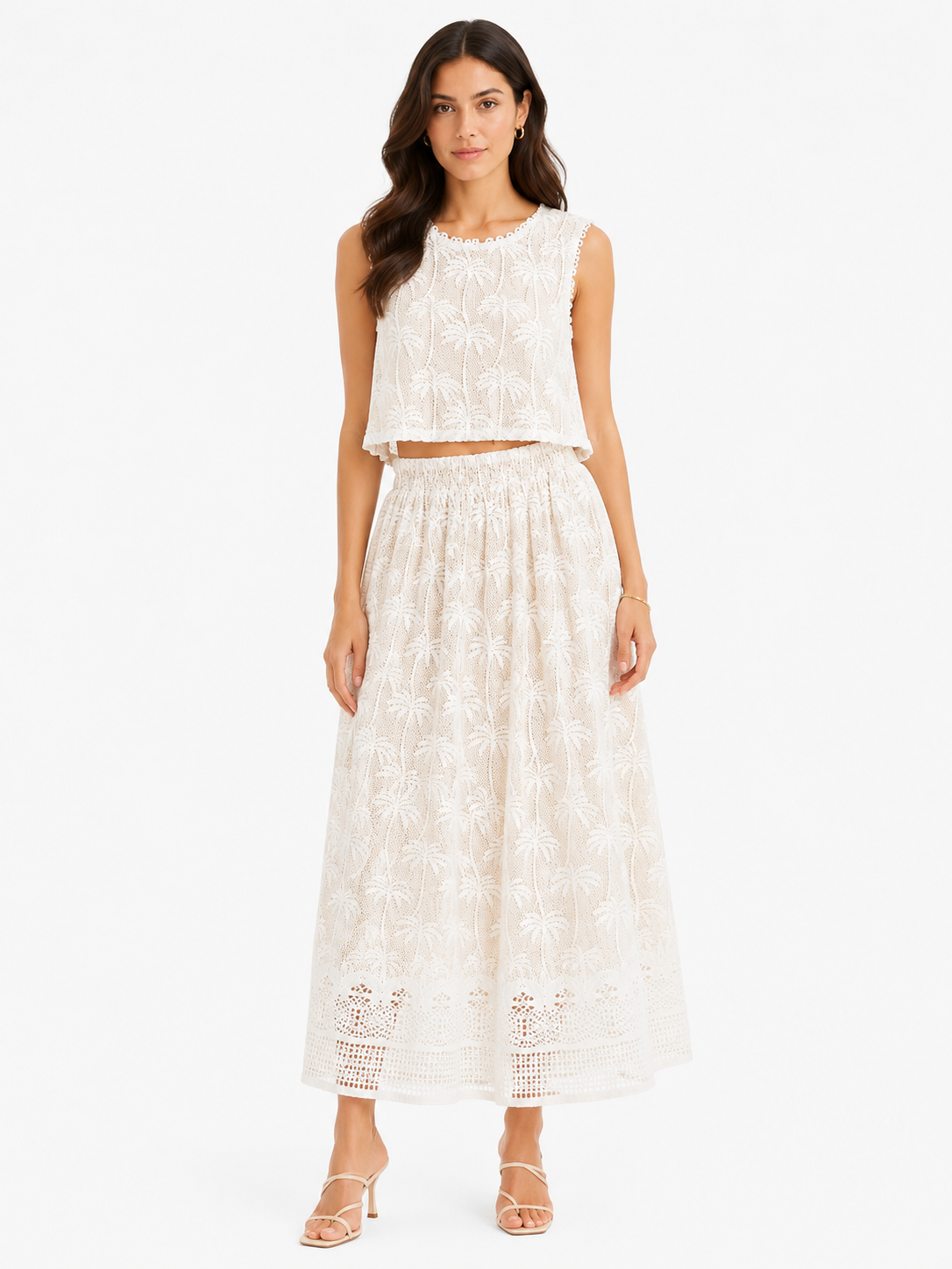 Women’s White Palm Lace Crop Top & Wide-Leg Pants Set