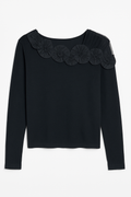 Black Long-Sleeve Top with Floral Appliqué Detailing on the Neckline