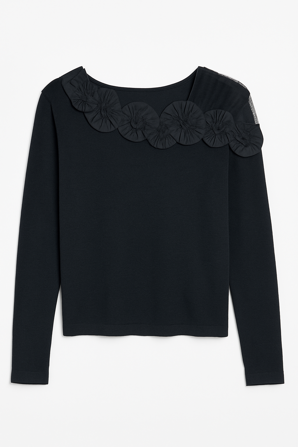 Black Long-Sleeve Top with Floral Appliqué Detailing on the Neckline