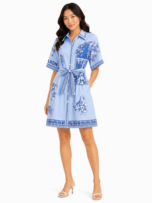 Women blue printed belted shirt dress