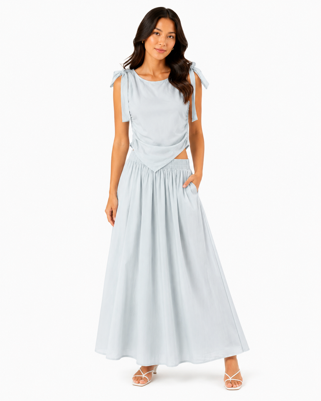 Women’s Light Blue Ruched Tie-Shoulder Top & Wide-Leg Pants Set