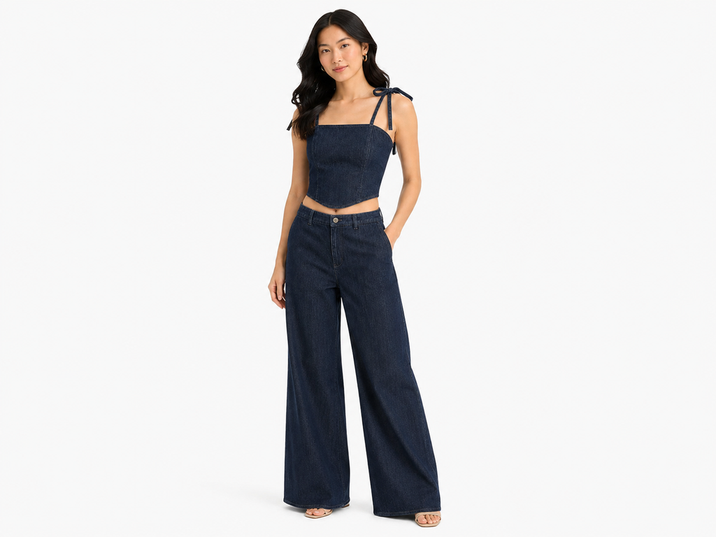 Women denim tie-strap top&wide-leg pants set