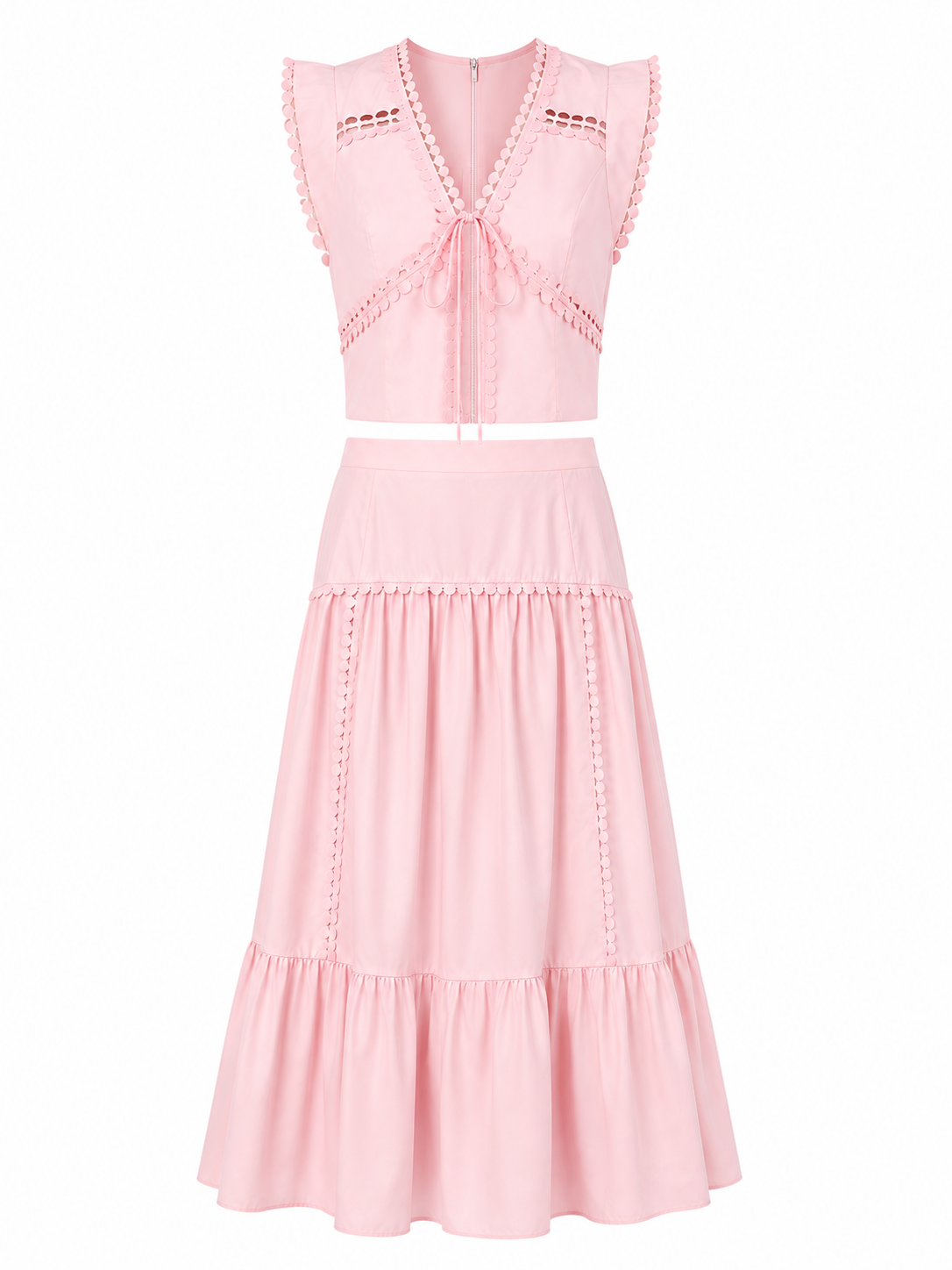 Blush pink scallop trim two-piece maxi skirt set