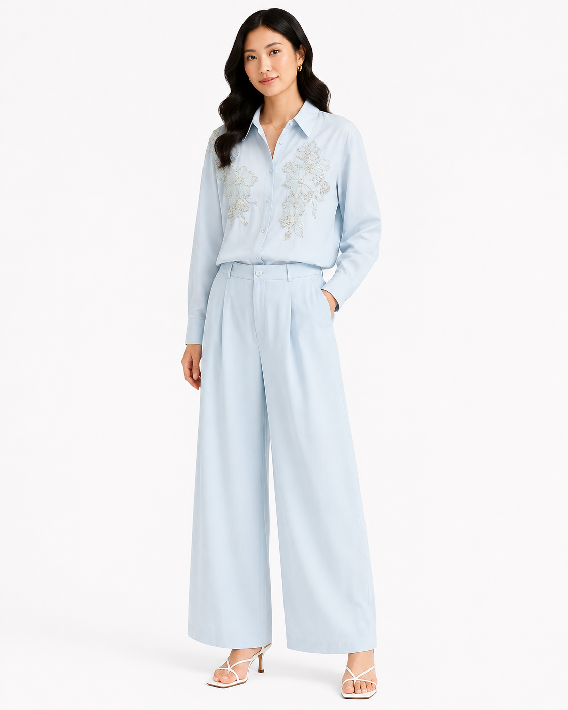 Women’s Pastel Blue Floral Embellished Shirt & Wide-Leg Pants Set