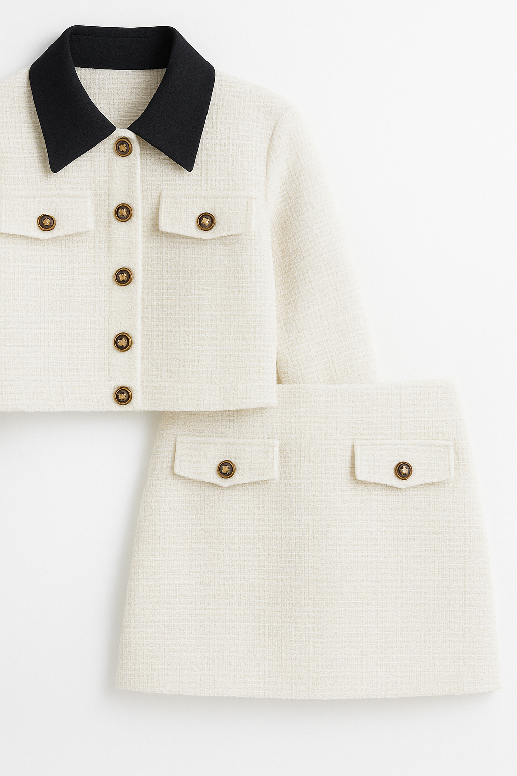 Cream Tweed Two-Piece Set with Contrast Collar