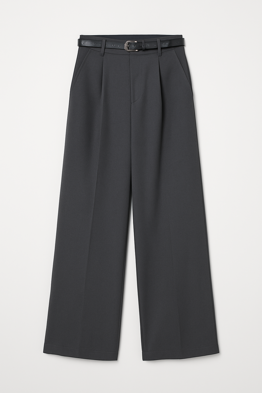 Charcoal High-Waisted Wide-Leg Trousers with Black Belt