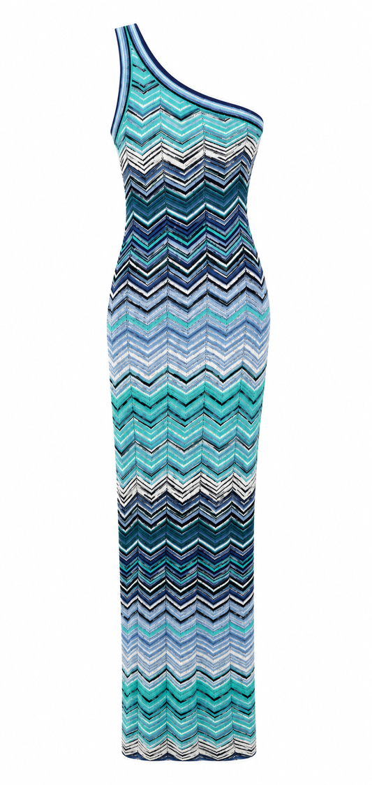 Blue chevron one-shoulder maxi dress
