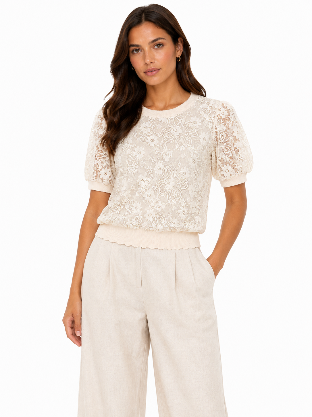 Women’s Ivory Floral Lace Puff-Sleeve Top