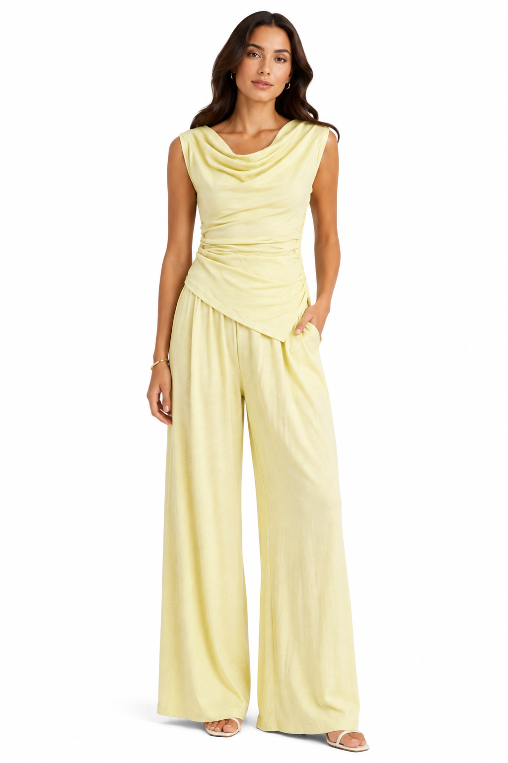 Pale Yellow Cowl-Neck Wide-Leg Set