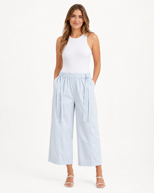 Powder blue tie-waist wide-leg pants