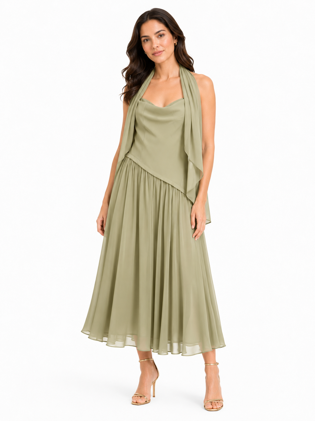 Women sage green halter maxi dress with scarf detsil