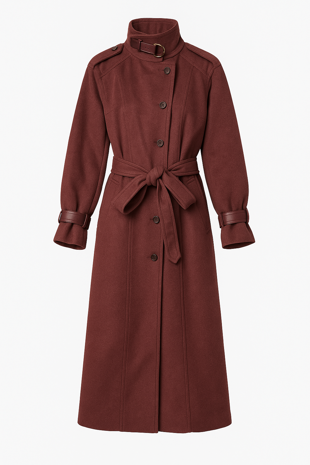 Long Belted Wool Coat with High Collar
