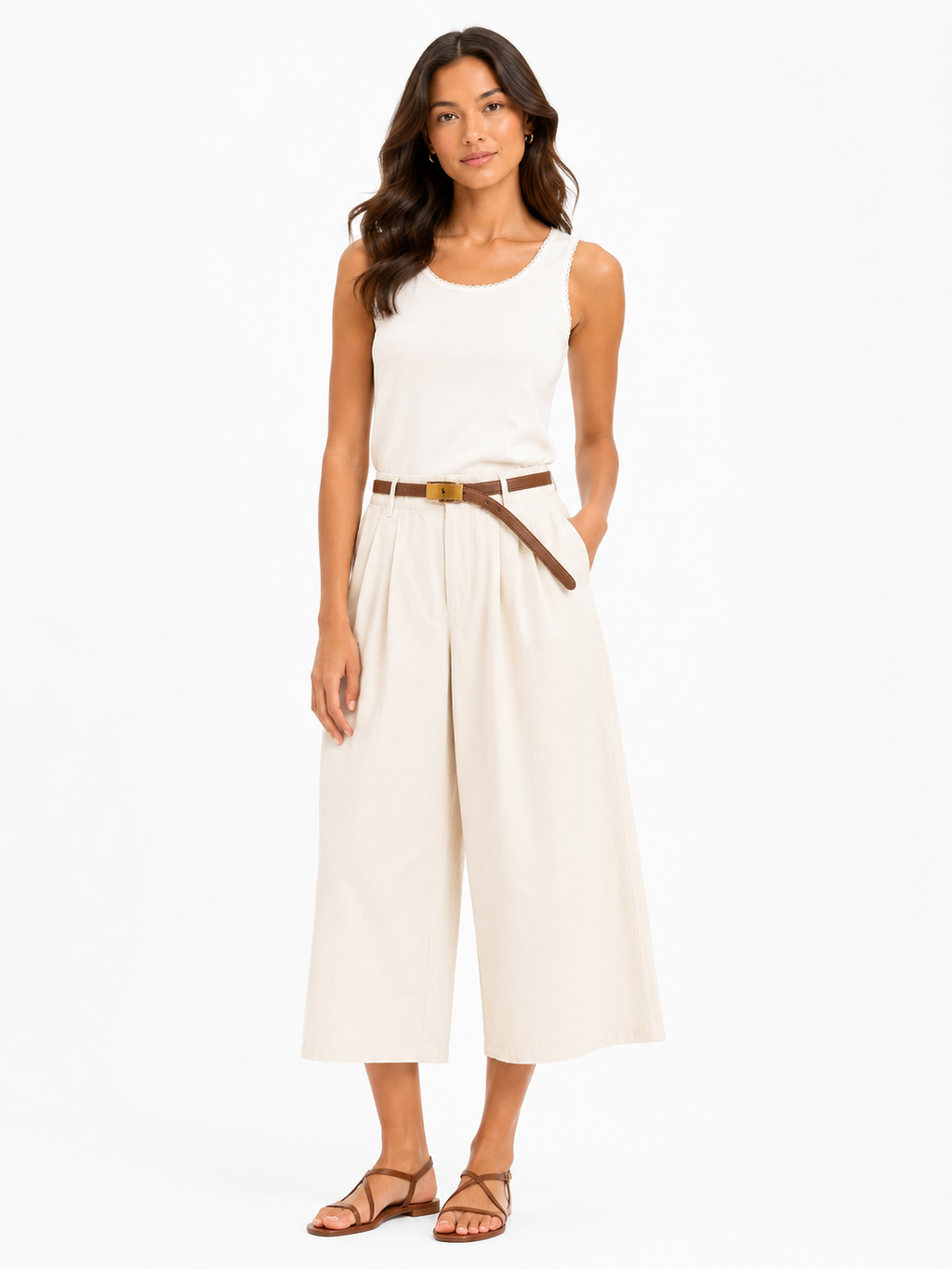 Women high-waist wide leg pants with blet-cream