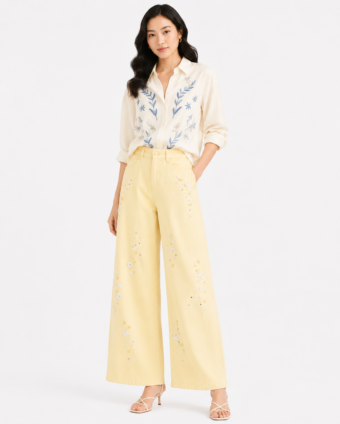 Women pastel yellow embellished wide-leg jeans