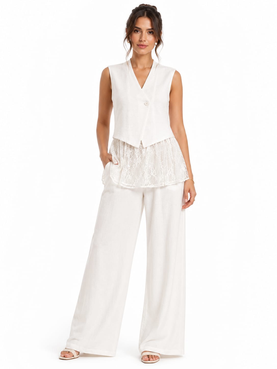 White Lace-Trim Vest & Wide-Leg Pants Set