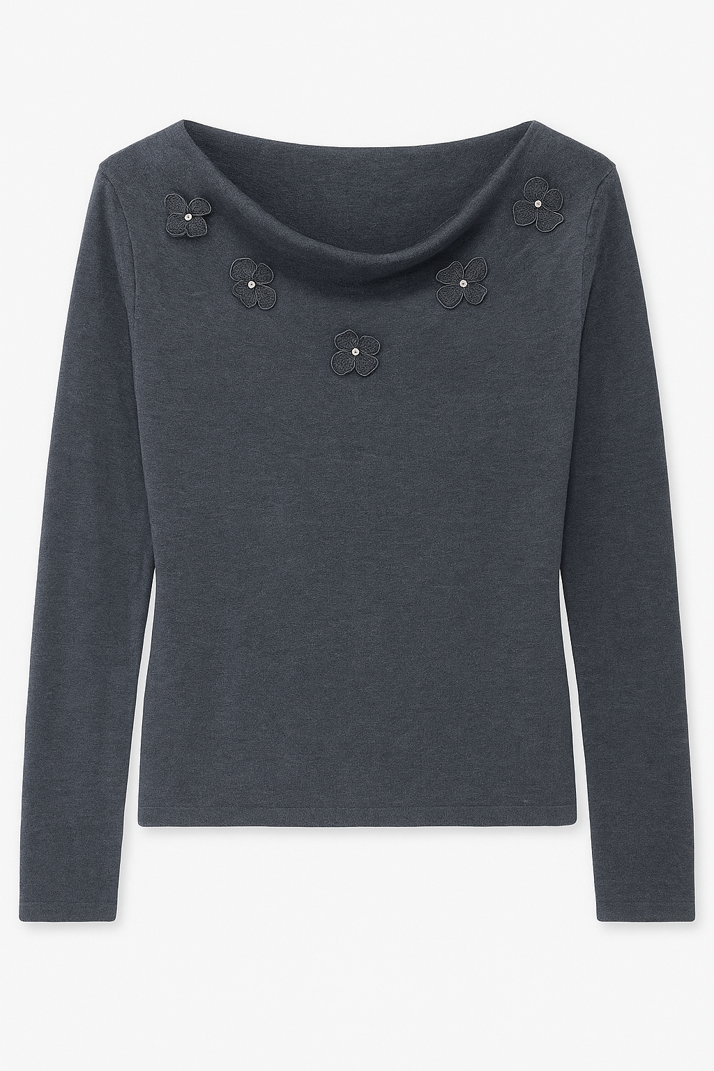 Charcoal Draped Neck Top with Floral Embellishments