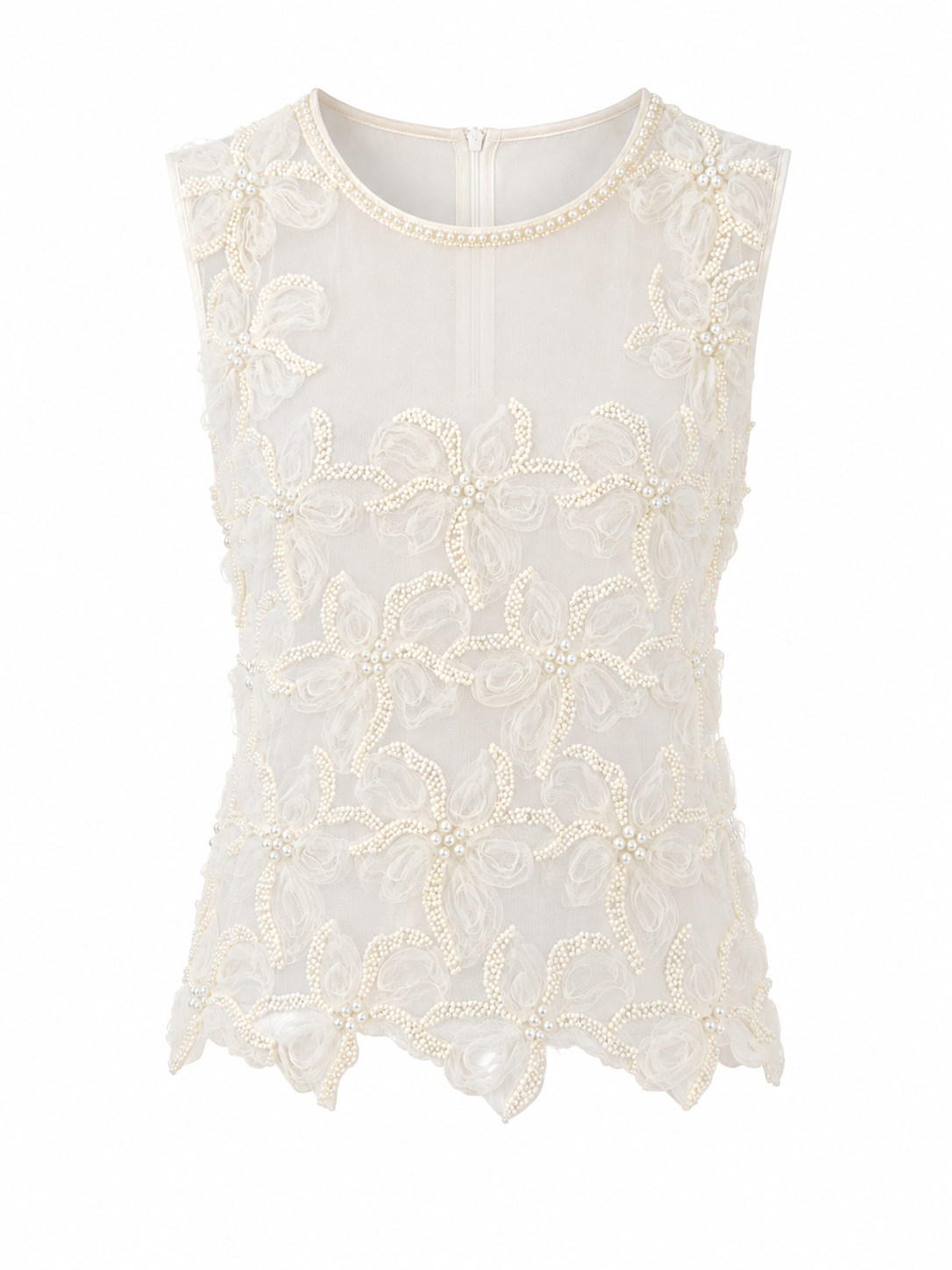 Ivory pearl embellished floral mesh top