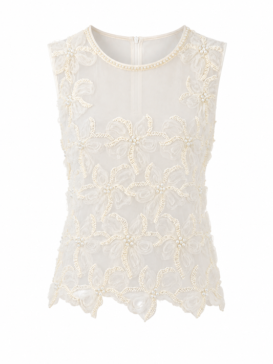 Ivory pearl embellished floral mesh top