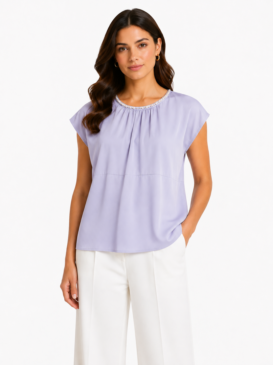Women pearl neck pleated blouse-lilac