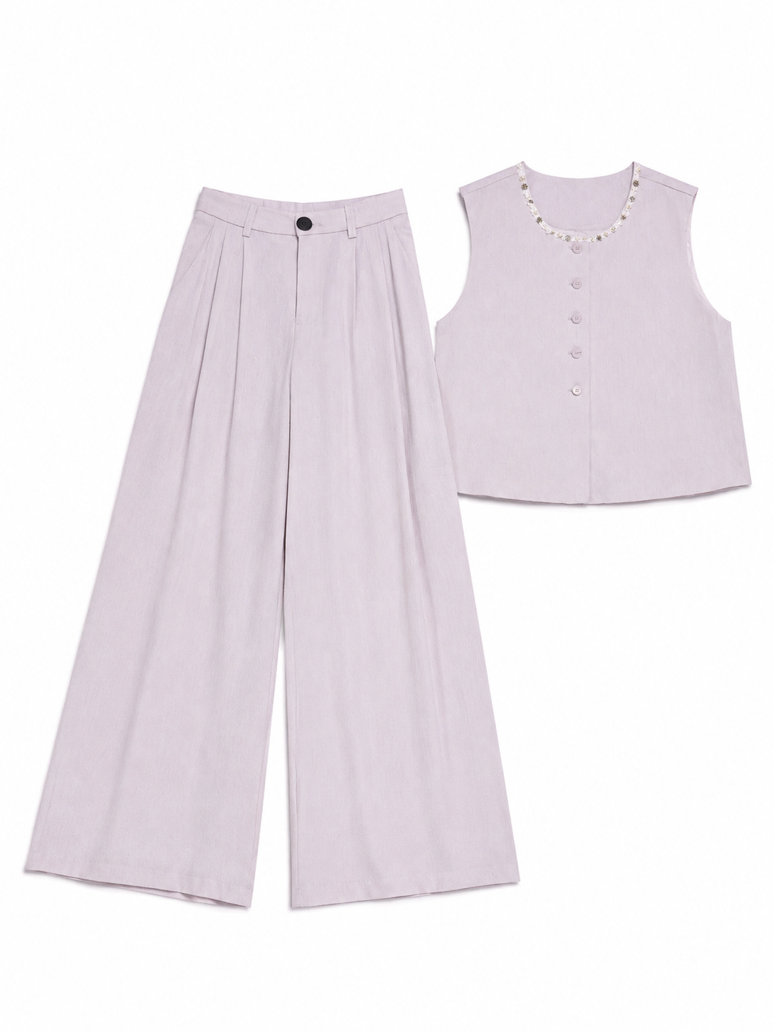Soft lilac-Trim Sleeveless Top & Wide-Leg Pants Set