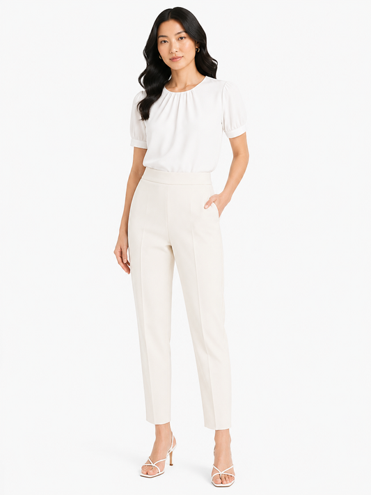 Women high-waist straight leg pants-ivory