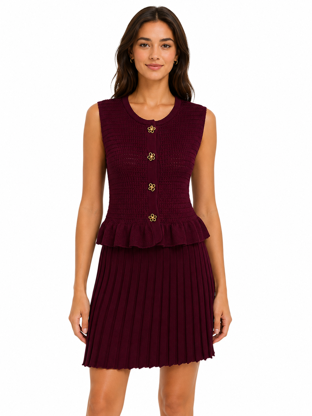 Burgundy knit peplum top& pleated skirt set