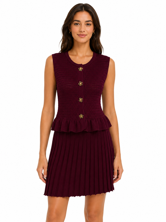 Burgundy knit peplum top& pleated skirt set
