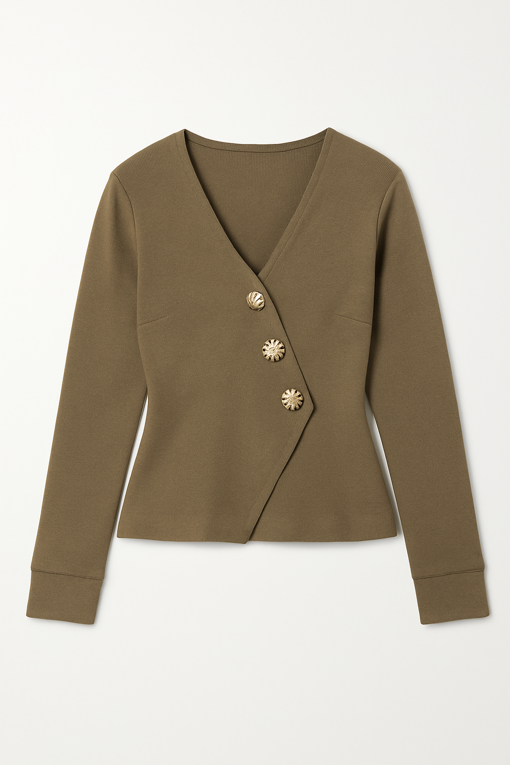 Olive Asymmetric Wrap Top with Gold Buttons
