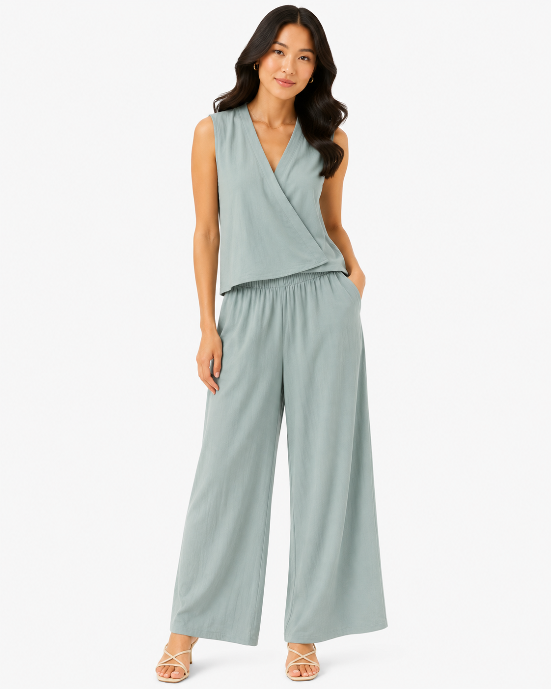 Women’s Sage Green Wrap Top & Wide-Leg Pants Set