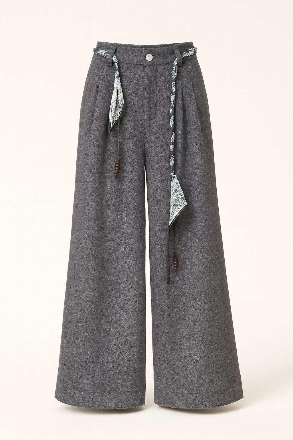 Grey Wide-Leg Trousers with Scarf Belt Detail”