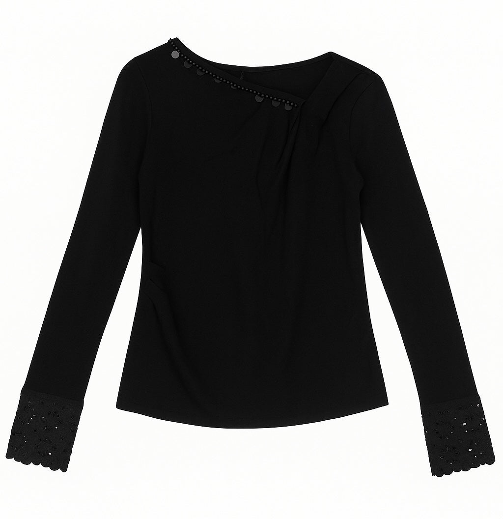 Black Long-Sleeve Blouse – Beaded Neckline & Lace Cuff Detail
