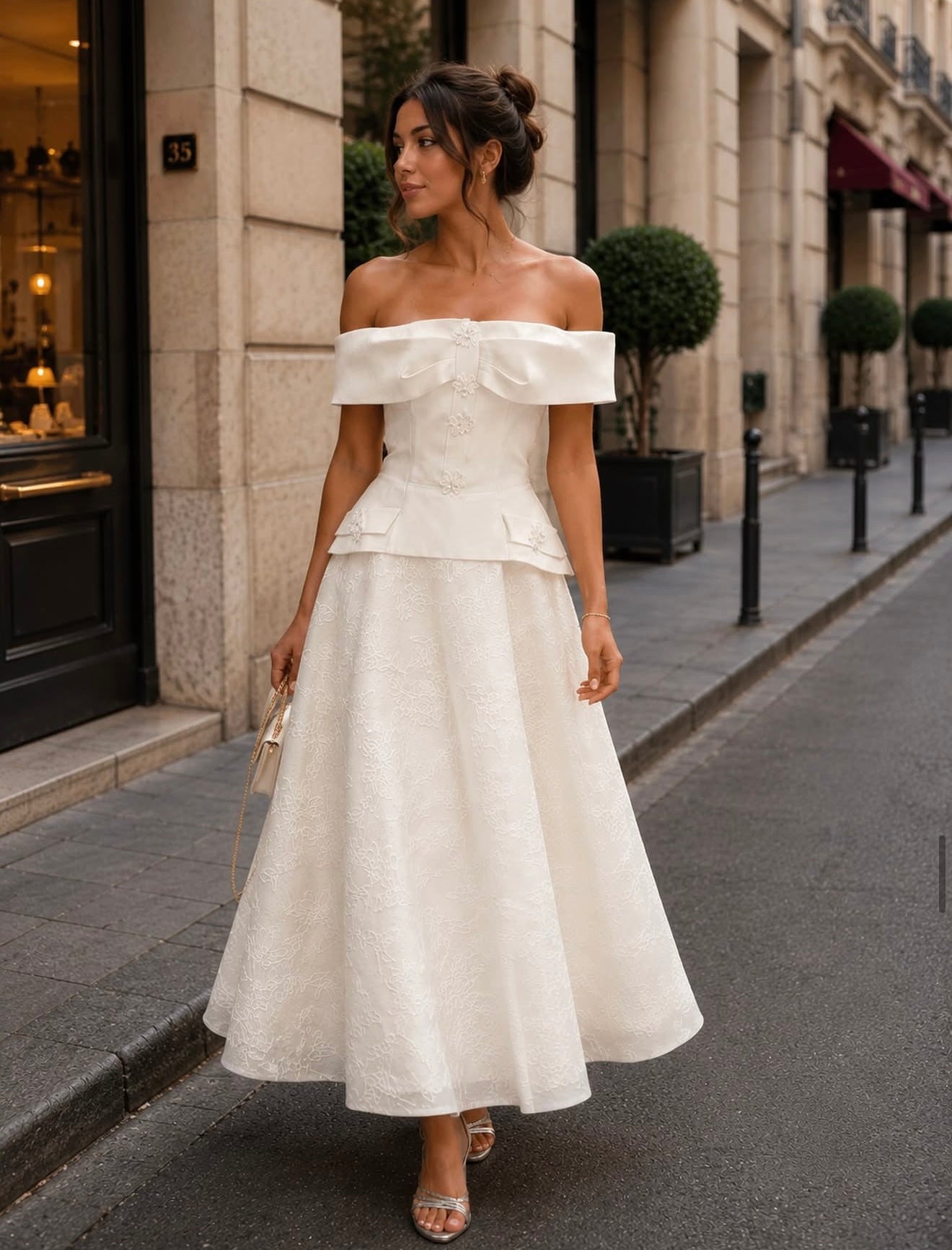 Ivory Romance Off-Shoulder Tea-Length Dress