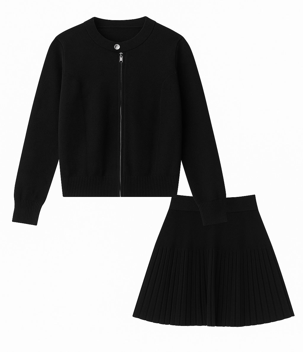 Black Zip-Up Knit Set – Top & Short Skirt