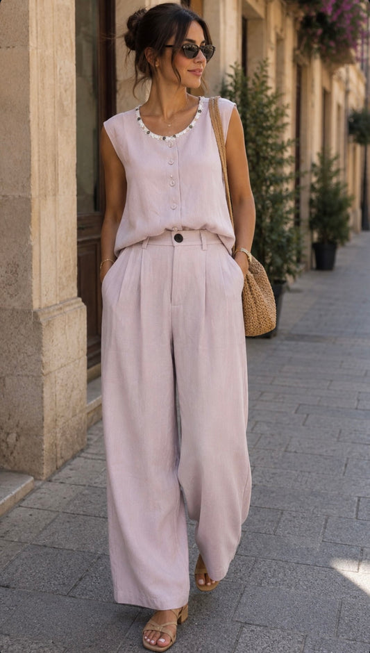Soft lilac-Trim Sleeveless Top & Wide-Leg Pants Set