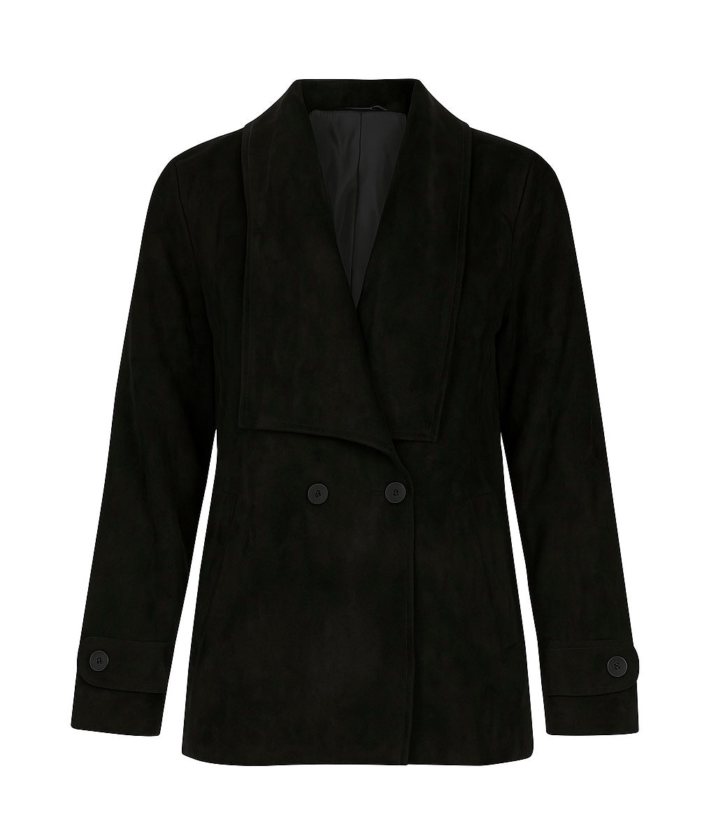 Black Faux Suede Jacket with Draped Collar