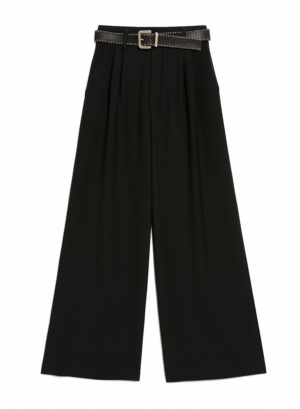 Black High-Waisted Wide-Leg Trousers with Belt