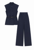 Navy Sleeveless Blazer and Wide-Leg Trouser Set