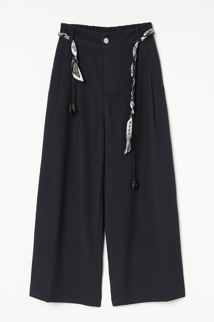 Navy Wide-Leg Trousers with Printed Scarf Belt
