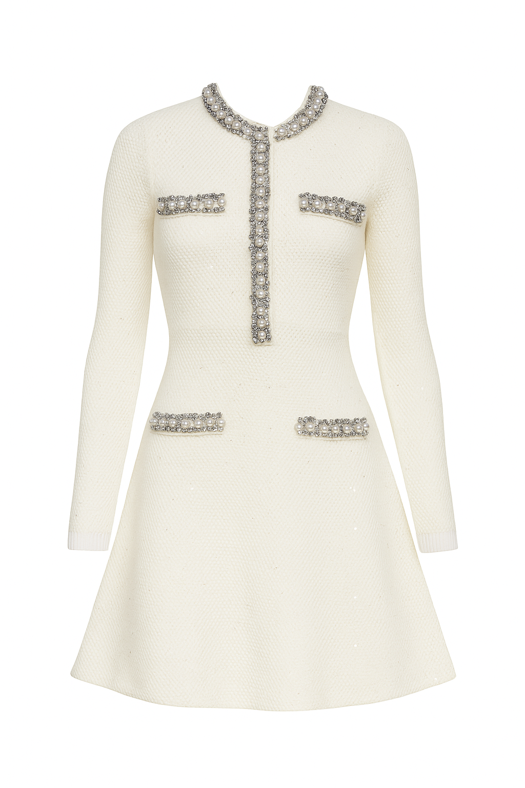 White Embellished Knit Dress with Pearl and Crystal Detailing