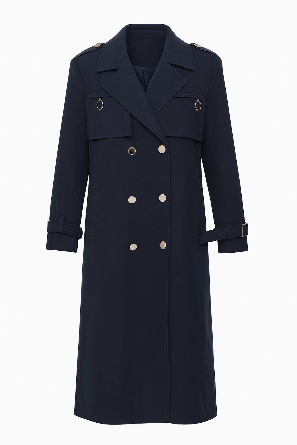 Navy Double-Breasted Trench Coat with Belted Cuffs
